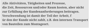 Alle Aktivit�ten, T�tigkeiten und Prozesse,  die Zeit, Ressourcen und/oder Raum kosten, aber nicht  zur Erf�llung der Kundenanforderungen beitragen.  Verschwendung ist damit der Teil der Arbeit, f �r den der Kunde nicht zahlt, z.B. den internen Transport  von Bauteilen zum Montageort.